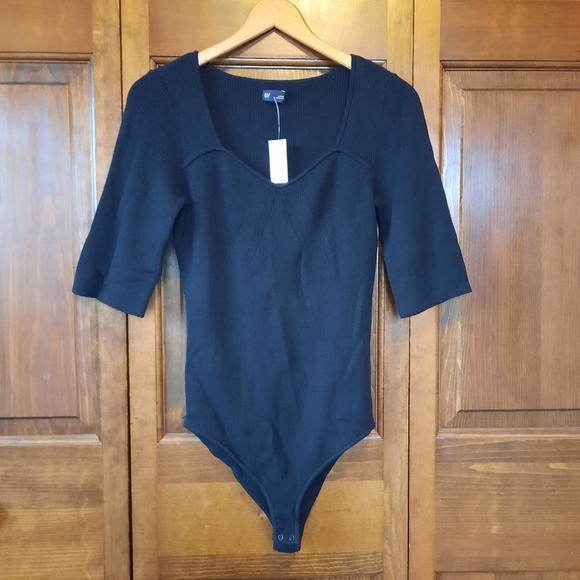 🛍NWT GAP Rib Corset Bodysuit Black ribbed knit elbow length sleeves size large - Picture 3 of 15